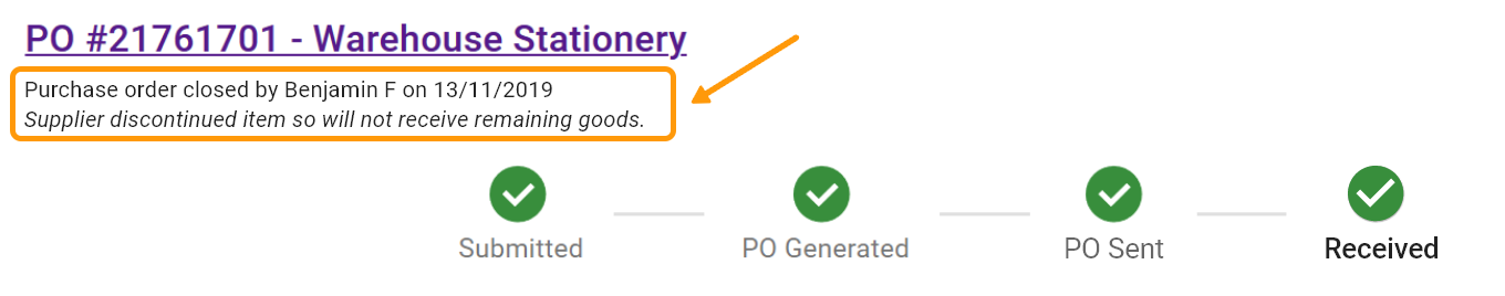 PO status showing a description of who closed it