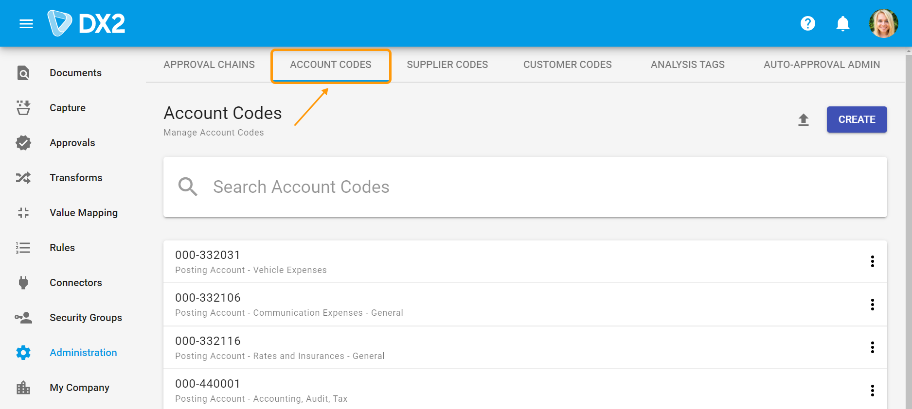 Account Codes Administration page