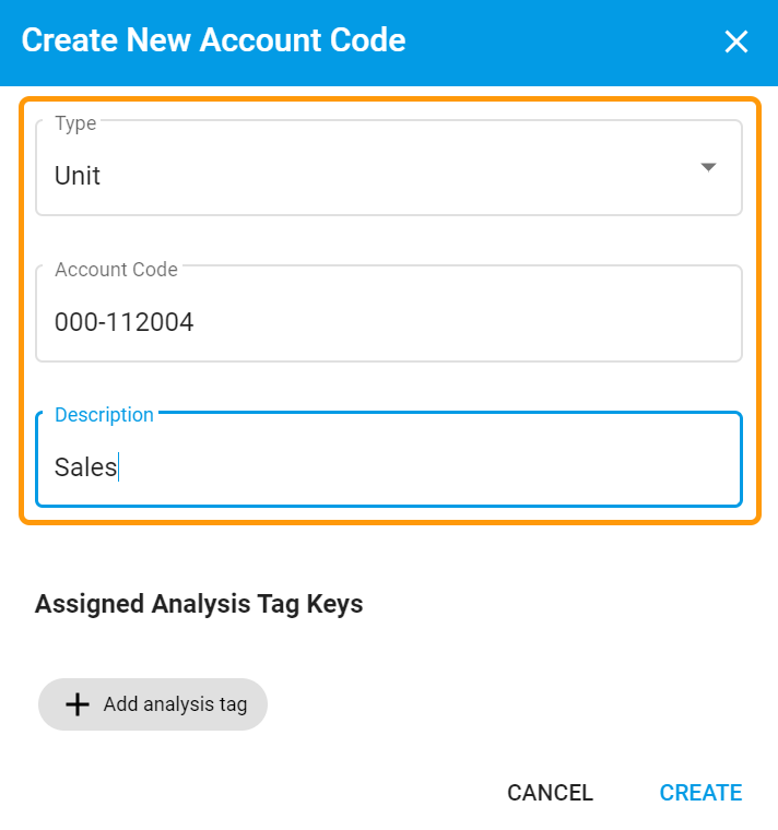 Account Codes Create modal showing mandatory information