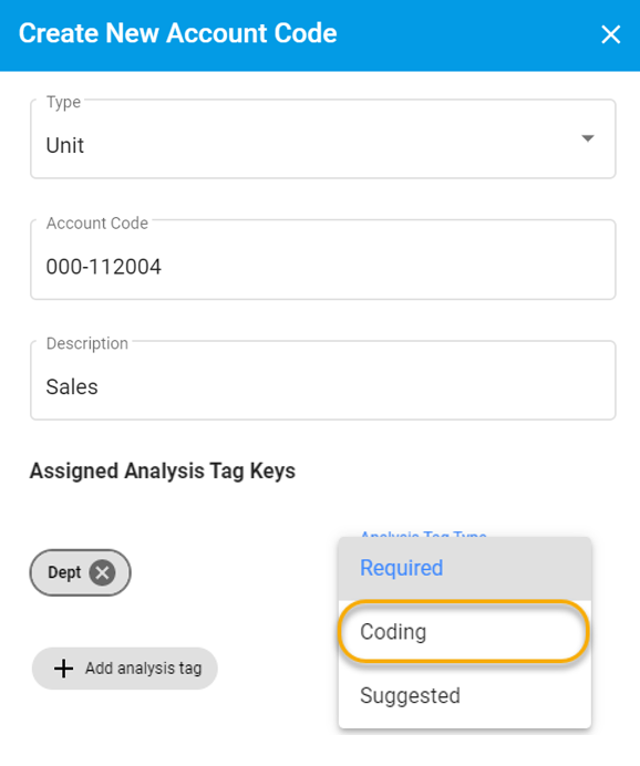 Account Codes Create modal with Required analysis tags