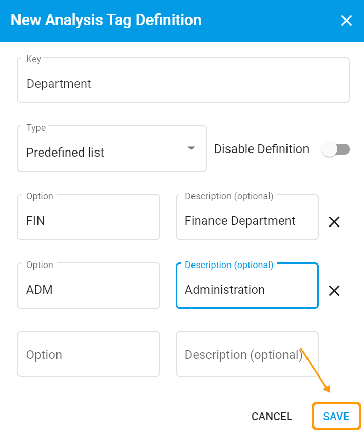 Create Analysis Tags modal save button