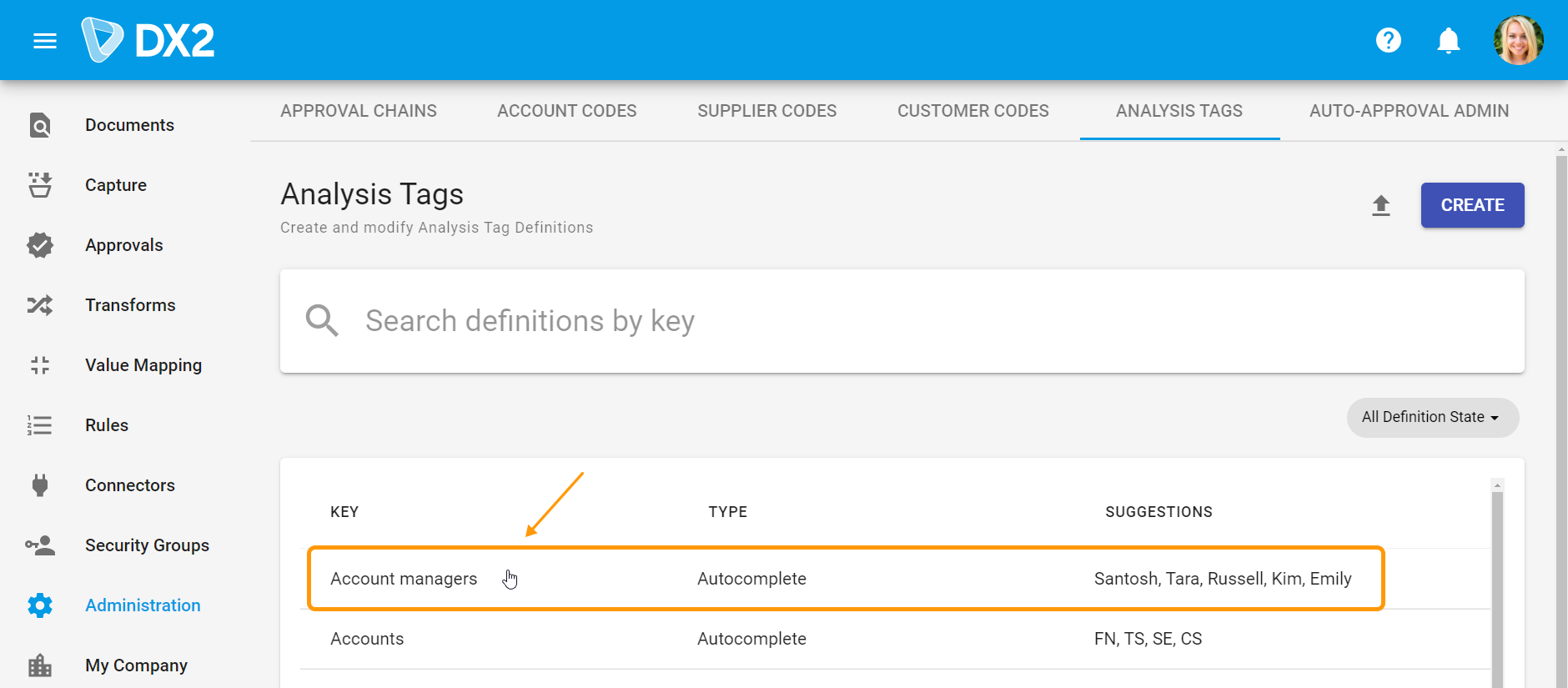 Selecting an Analysis tag in the Admin screen