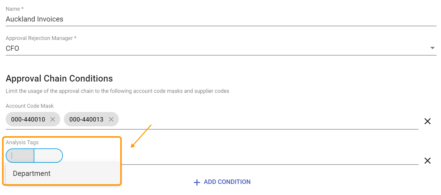Approval chain with analysis tag condition with specific account codes
