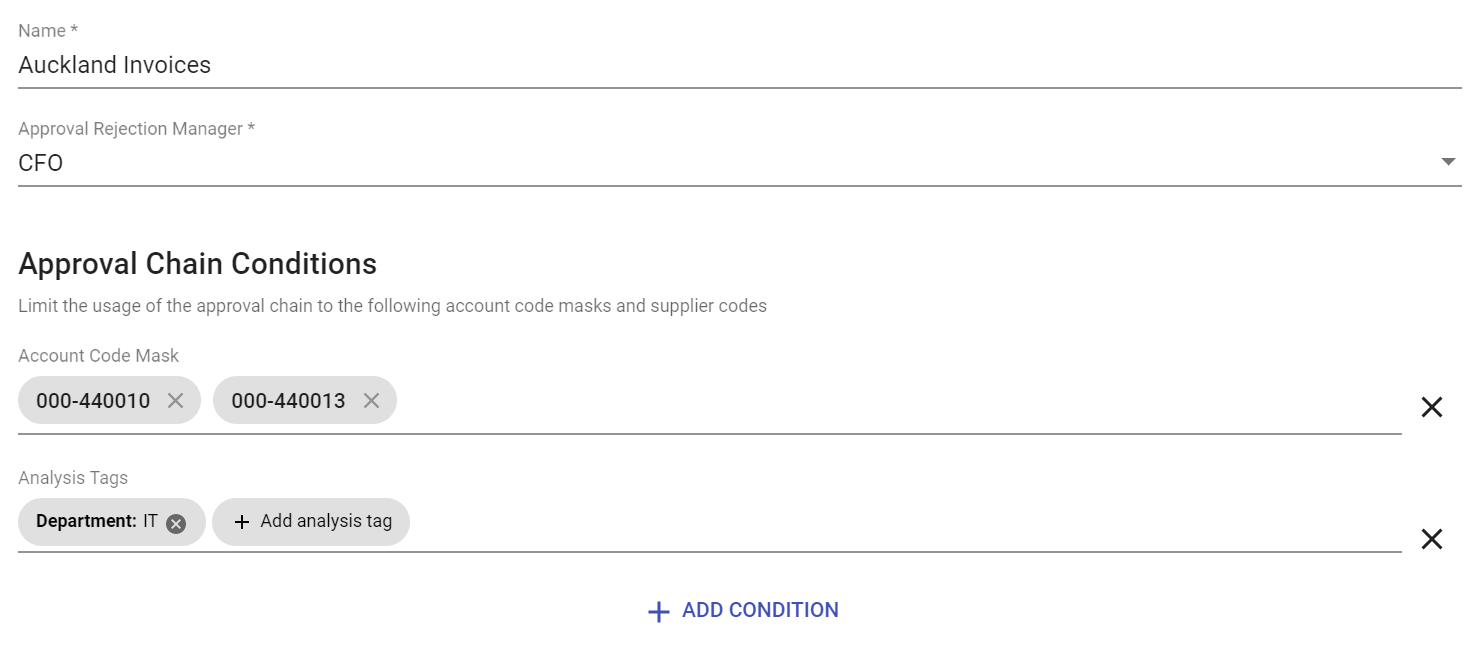Approval chain with analysis tag condition with specific account codes 