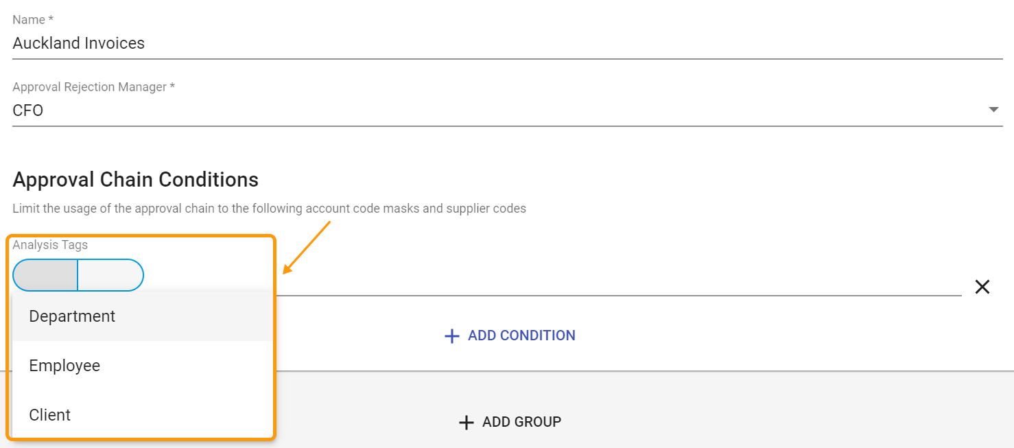 Approval chain with analysis tag condition with no account codes 