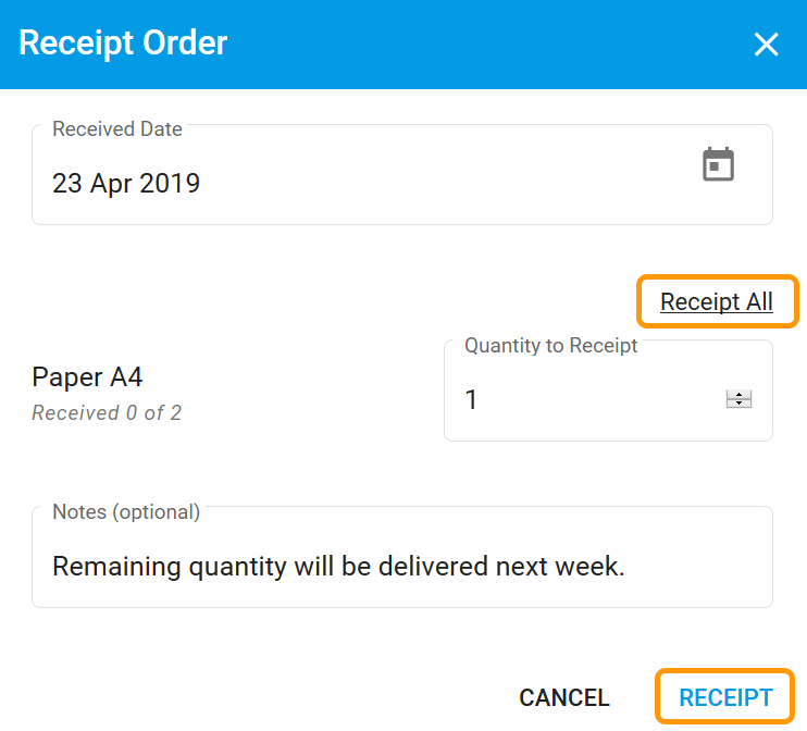 Receipt order modal