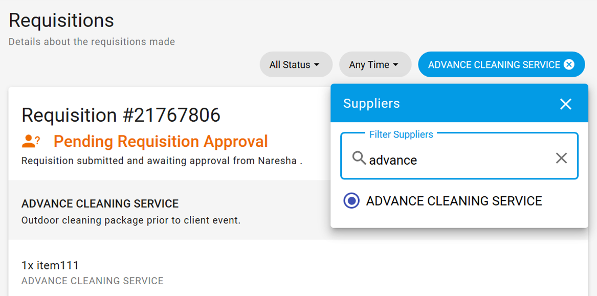 Supplier Filters in Requisitions page