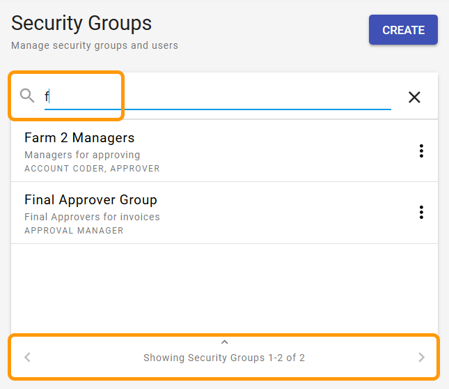 Security groups management page