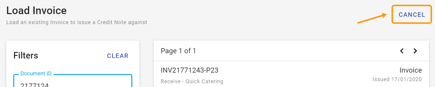 Cancel button on the Load Existing Invoice page 