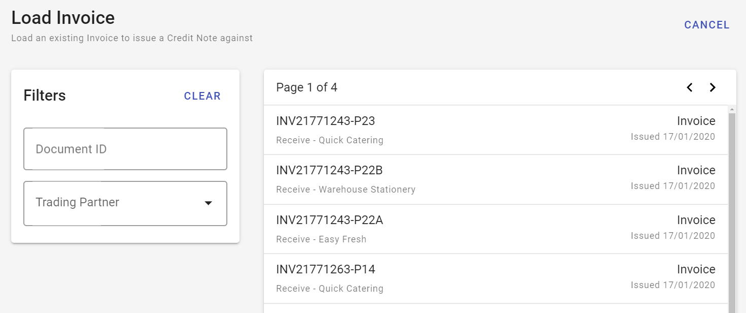 Page for loading an existing invoice to create a new credit note