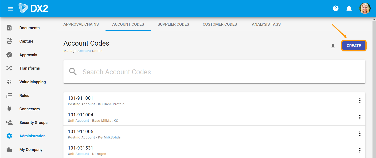 Account Codes page in Administration section