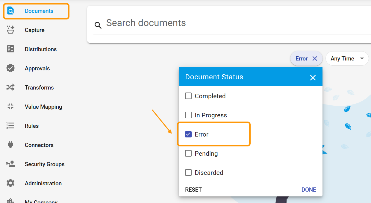 Error filter in Documents Page