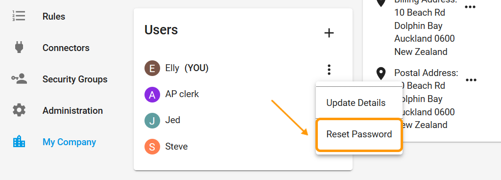 Reset Password option beside user details inside the My Company screen.