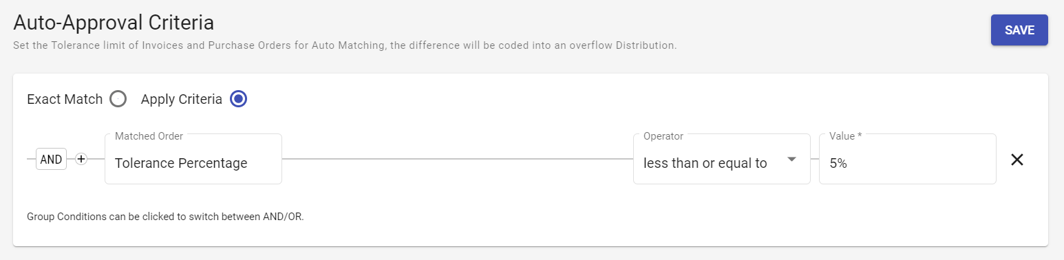 Auto Approvals tolerance of less than or equal to.