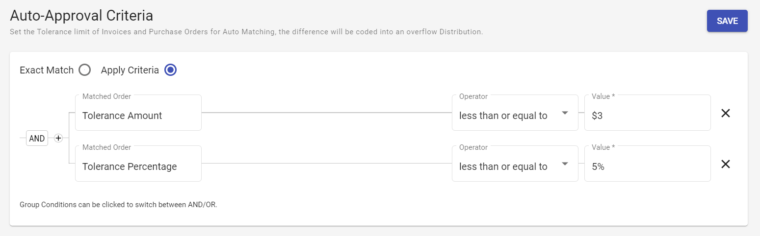 Auto Approvals tolerance of less than or equal to 5% or $3.