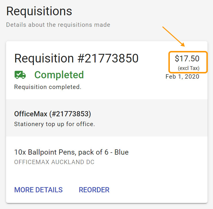 Screenshot of new rounding tax exclusive in the requisitions card