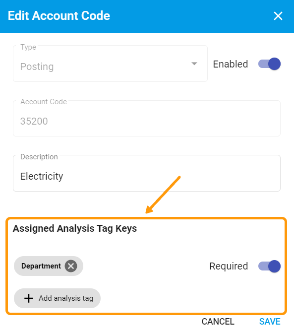 Edit modal for Account Codes