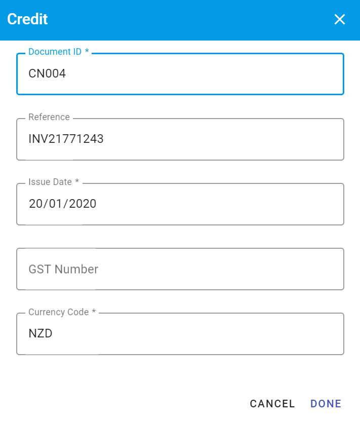 Modal to edit Credit Note header field