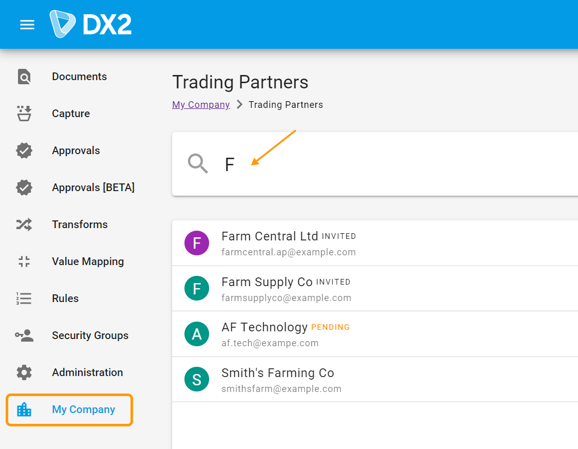 Trading Partner search bar