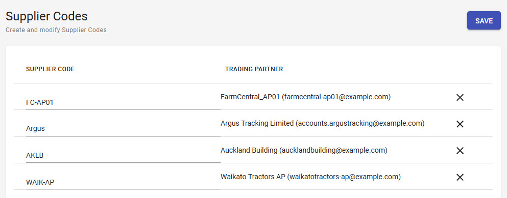 Supplier and customer code management screen