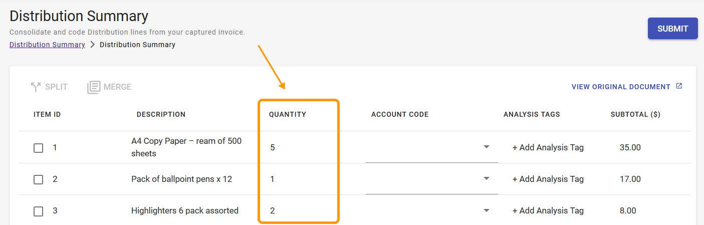 Quantity column in the Distribution Summary table