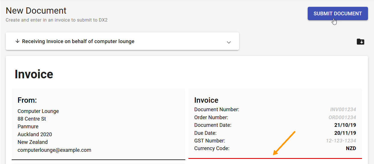 New document - error in the invoice details area when submitting document