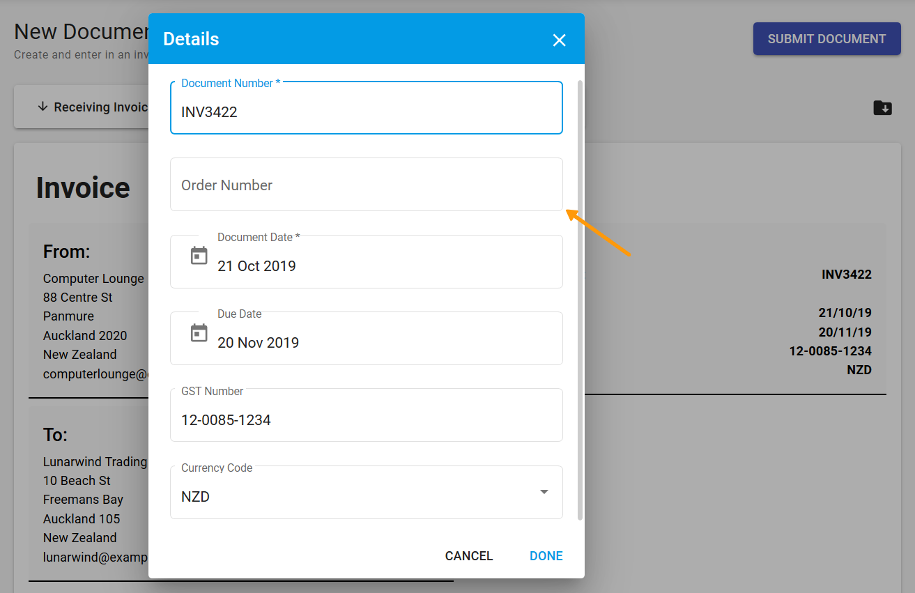 New document - modal for the Invoice Details area with text fields