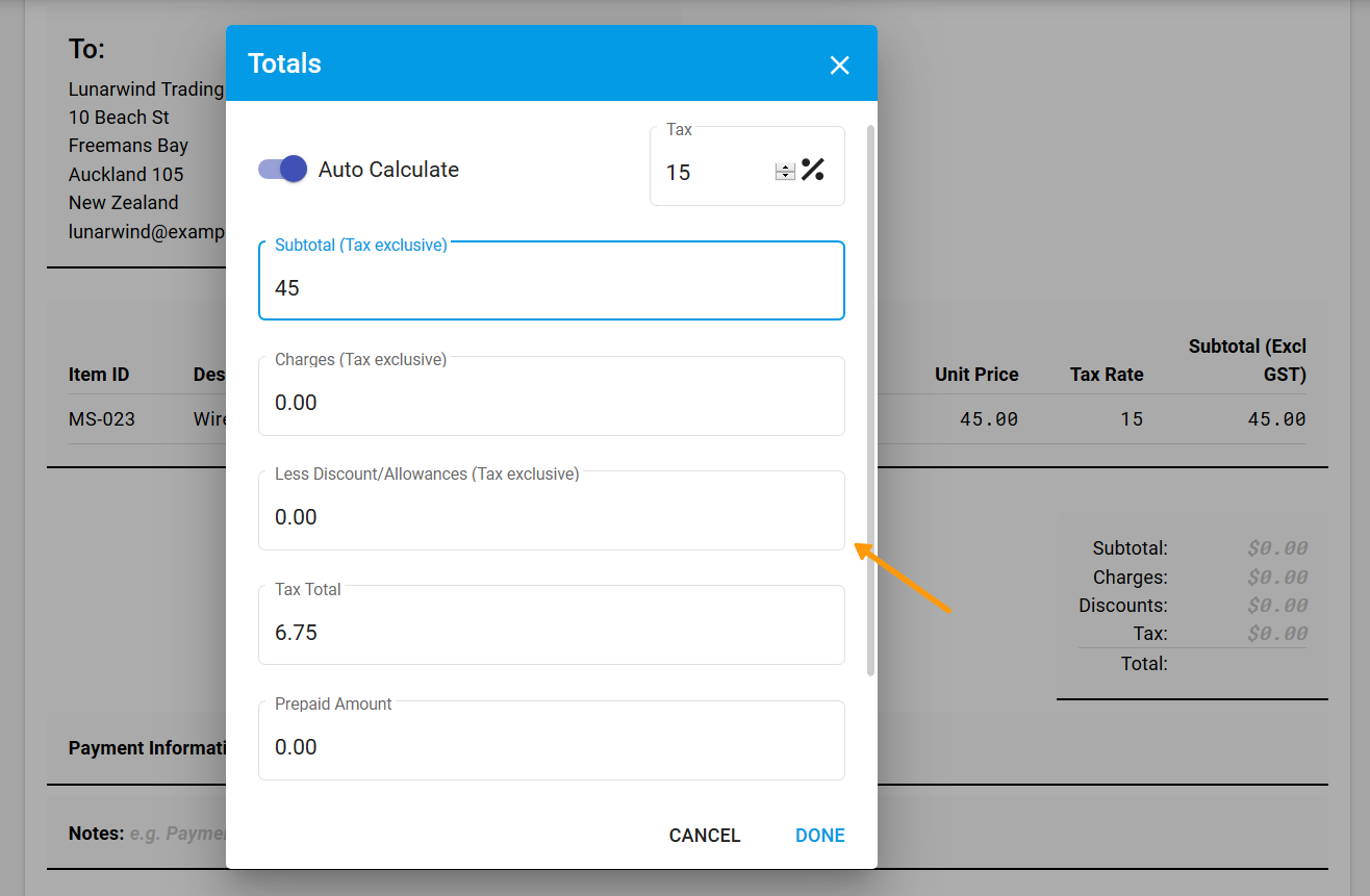 New document - Invoice totals modal