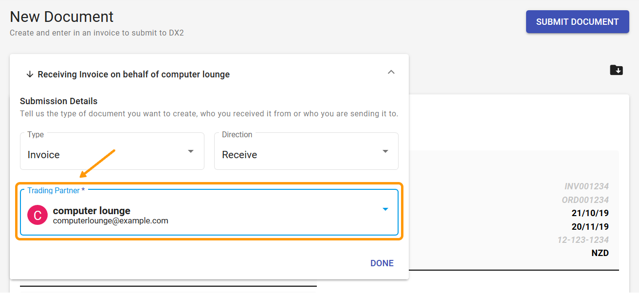 New document - select Trading Partner