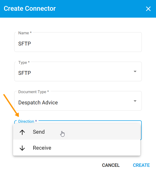 Modal for Create Connector showing direction of document dropdown