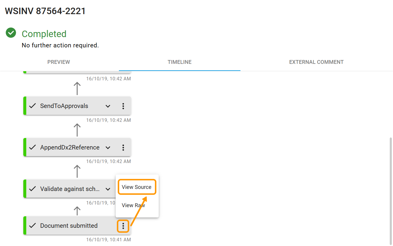 New button for View Source in Timeline under the Document Submitted step.