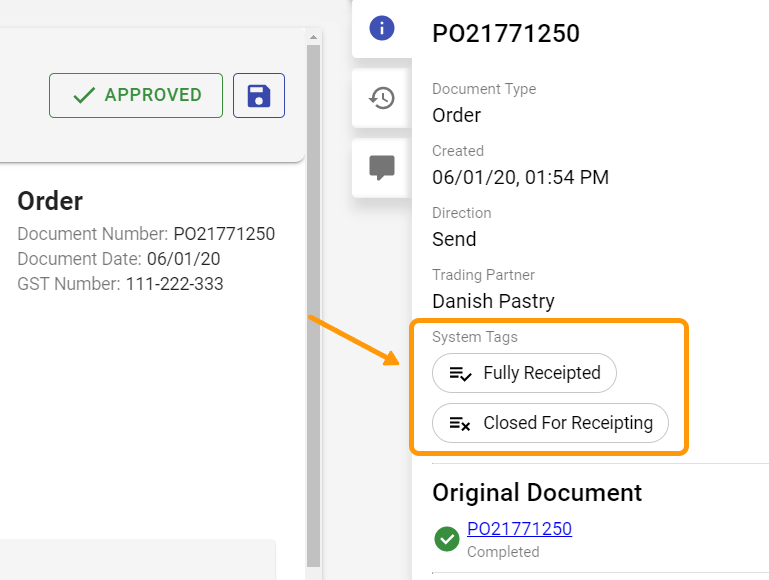 System tags showing in DX2 Portal when a Purchase Order is fully receipted and automatically closed.