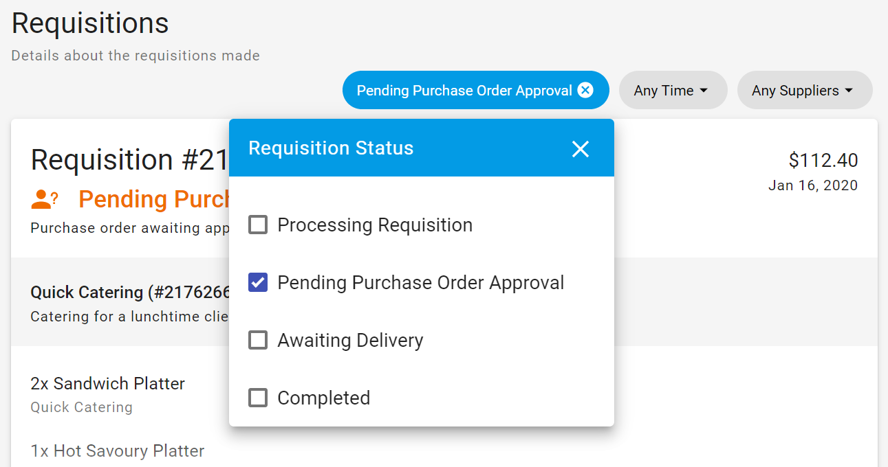 Requisition Filters showing Status 