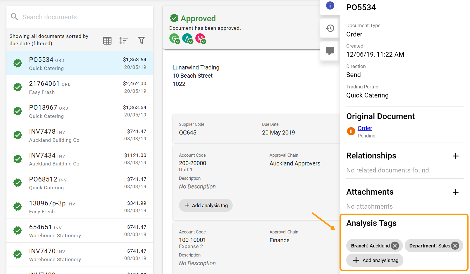 View, create and add tags in the information  panel in Approvals