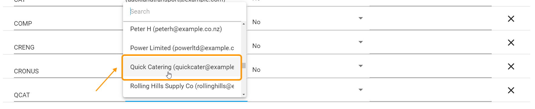 Selecting a Trading Partner in the Supplier Codes table