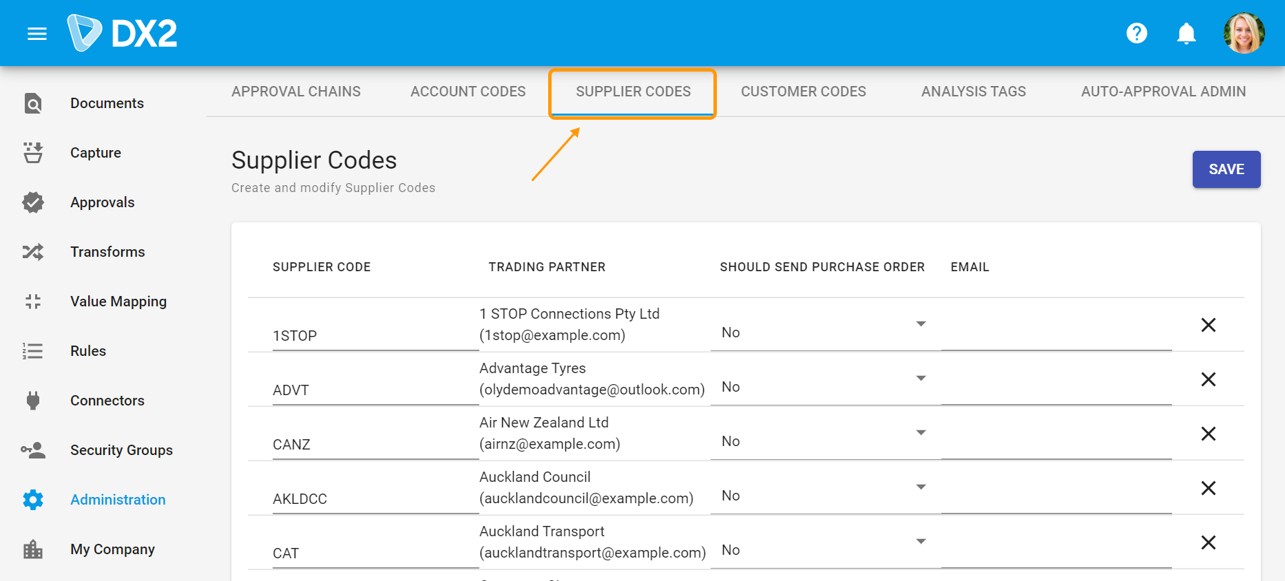 Supplier Codes Administration page